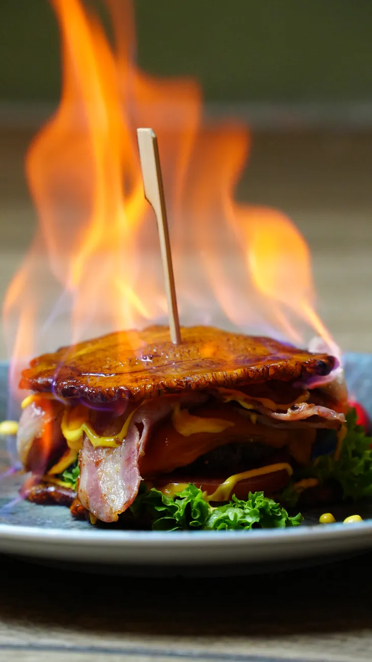 Flambierter Burger, Foodfotografie für ein Restaurant in Wien