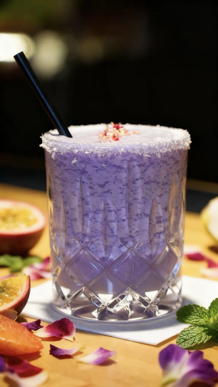 Lila Cocktail mit Zuckerrand